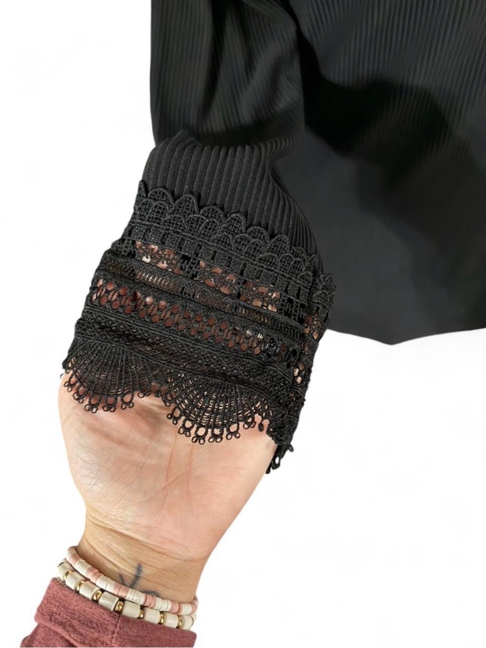 SHEIN Black Ribbed Off Shoulder Lace Trim Top Long Sleeve Fitted Blouse Size M - Picture 3 of 6